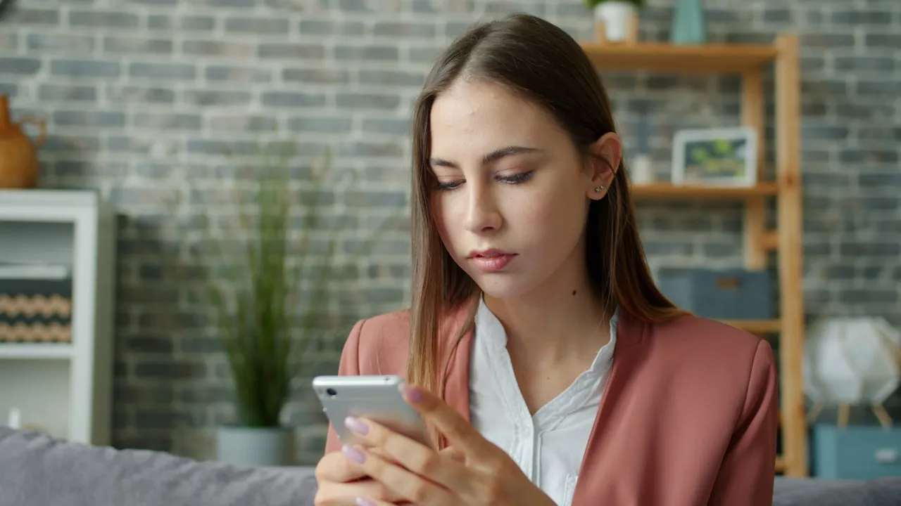 Tânără privind îngrijorată ecranul telefonului mobil într-un mediu cotidian